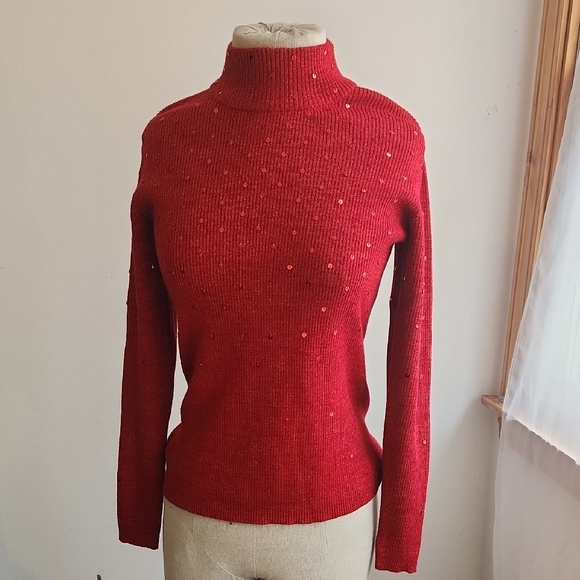 Red Sparkly Sequined Turtleneck Sweater - Picture 1 of 8